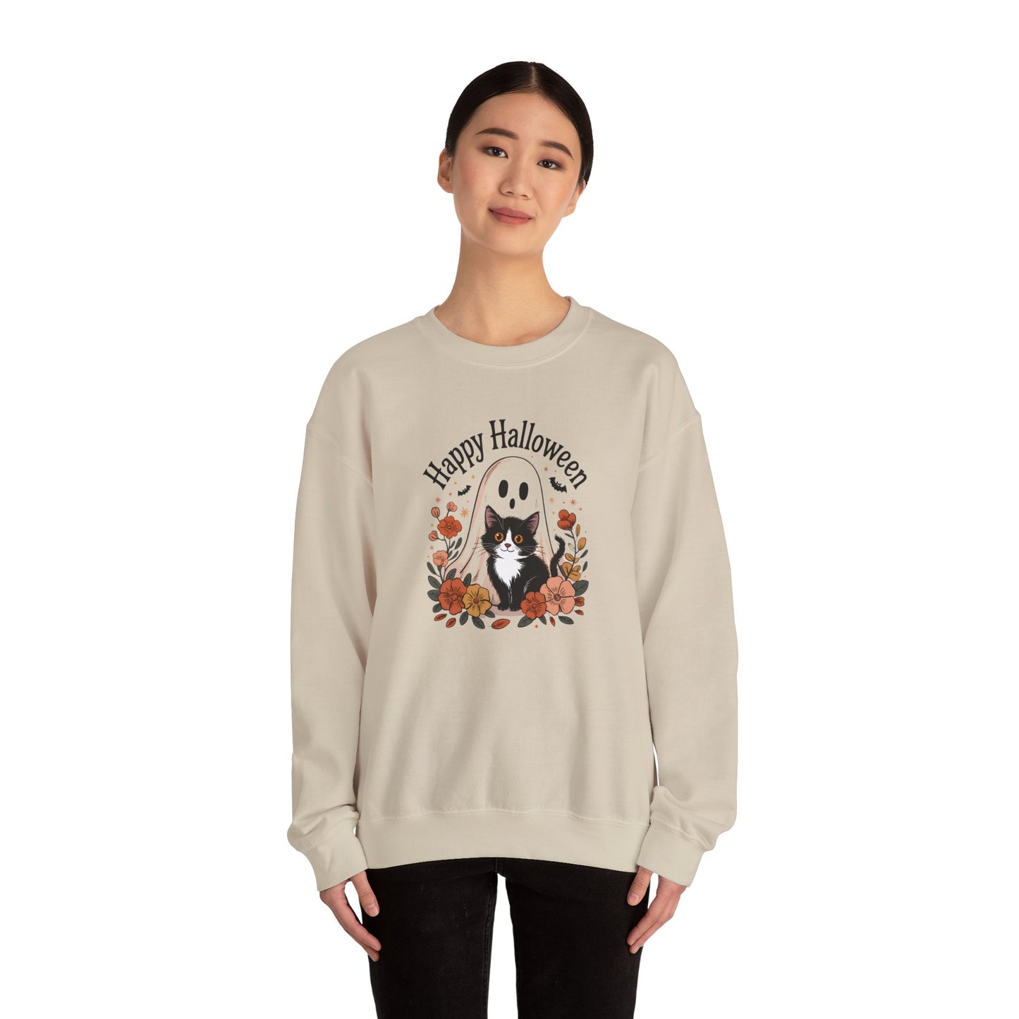 Happy Halloween Cat Crewneck Sweatshirt, Cozy Fall Sweatshirt, Halloween Gift, Fall Fashion, Gift for Her, Spooky Season Apparel