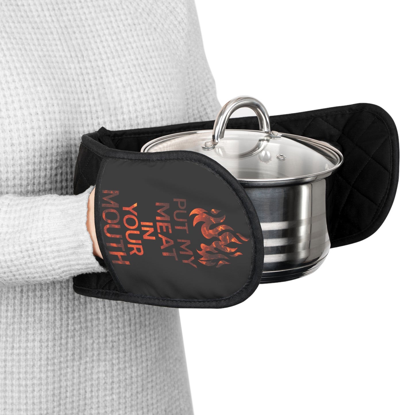 Flaming Text Oven Mitts, ''Heat Your Soul'' Double Pot Holder, Black Quilted Heat Resistant Kitchen Accessory Gift