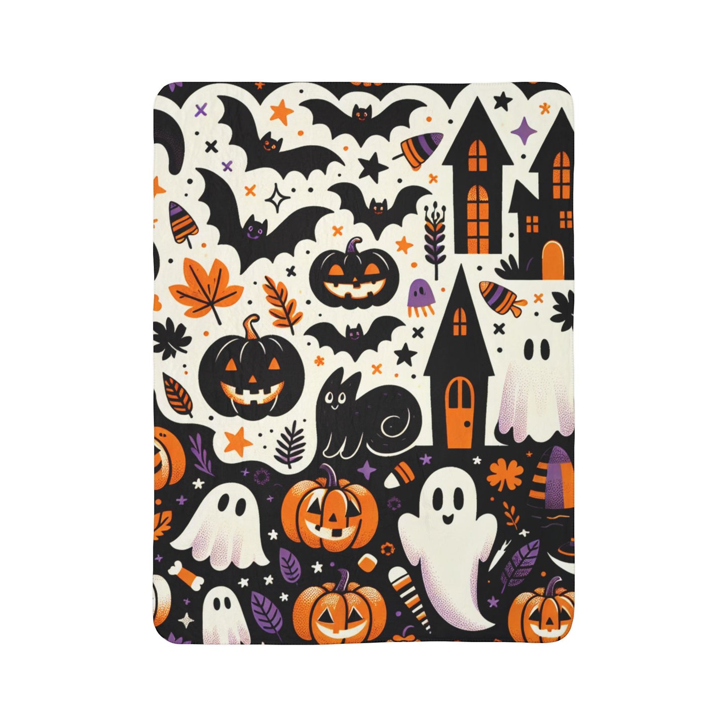 Spooky Season Fleece Sherpa Blanket, Cozy Halloween Decor, Ghosts & Pumpkins Throw Blanket, Autumn Gift, Trick or Treat Sherpa Blanket