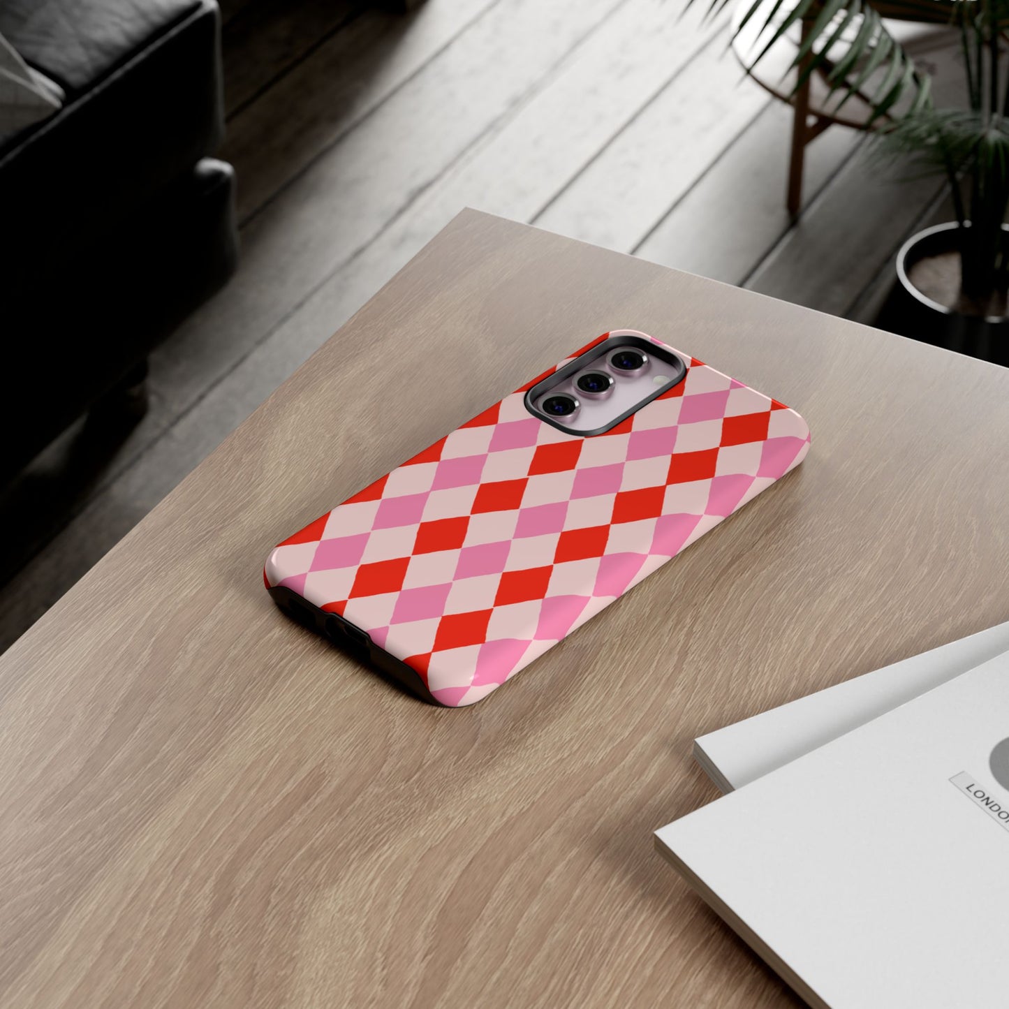 Tough Cases with Red Pink Diamonds, Retro Checkerboard iPhone Case And Samsung Case, Slim Fit Phone Case, Stylish Gift