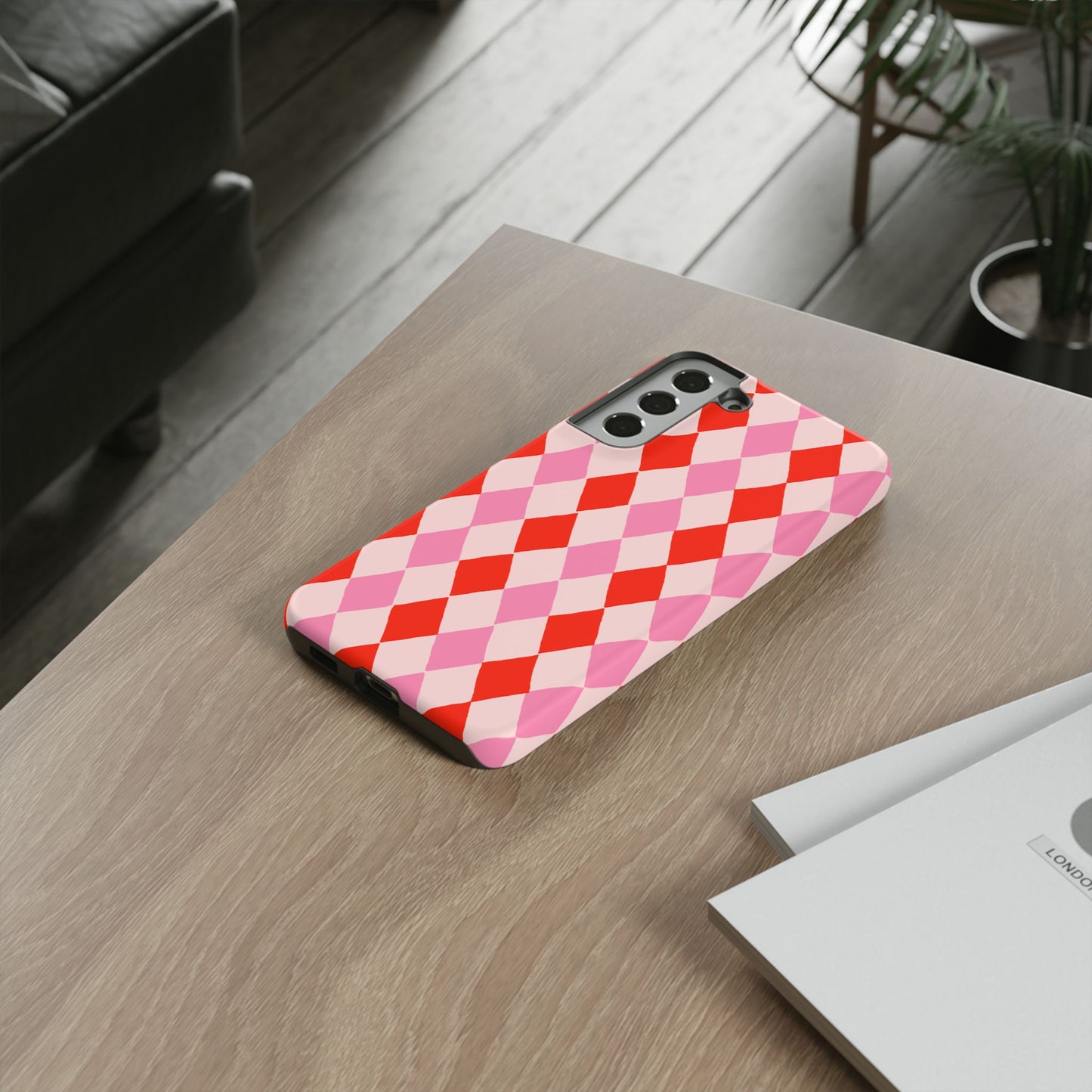 Tough Cases with Red Pink Diamonds, Retro Checkerboard iPhone Case And Samsung Case, Slim Fit Phone Case, Stylish Gift