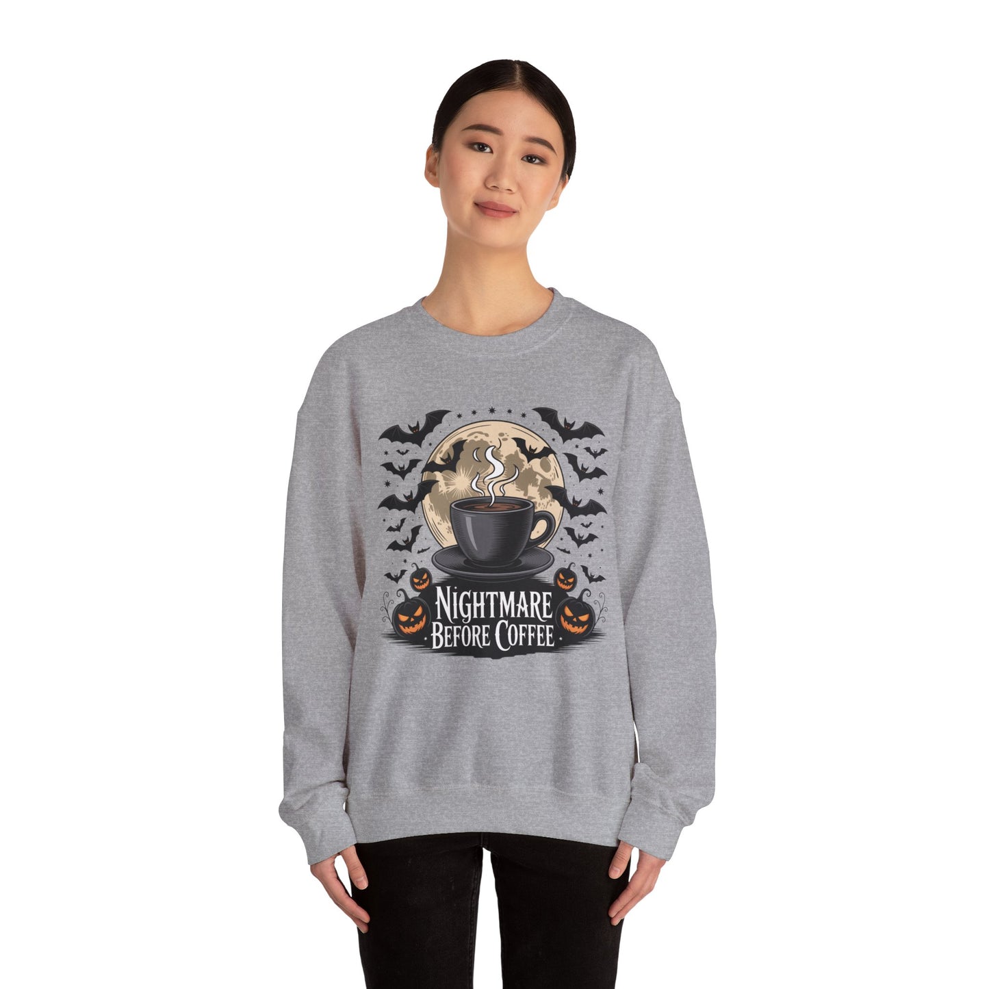 Spooky Coffee Lover's Crewneck Sweatshirt, Cozy Halloween Apparel Unisex Sweatshirt Nightmare Before Coffee Sweatshirt Perfect for Halloween