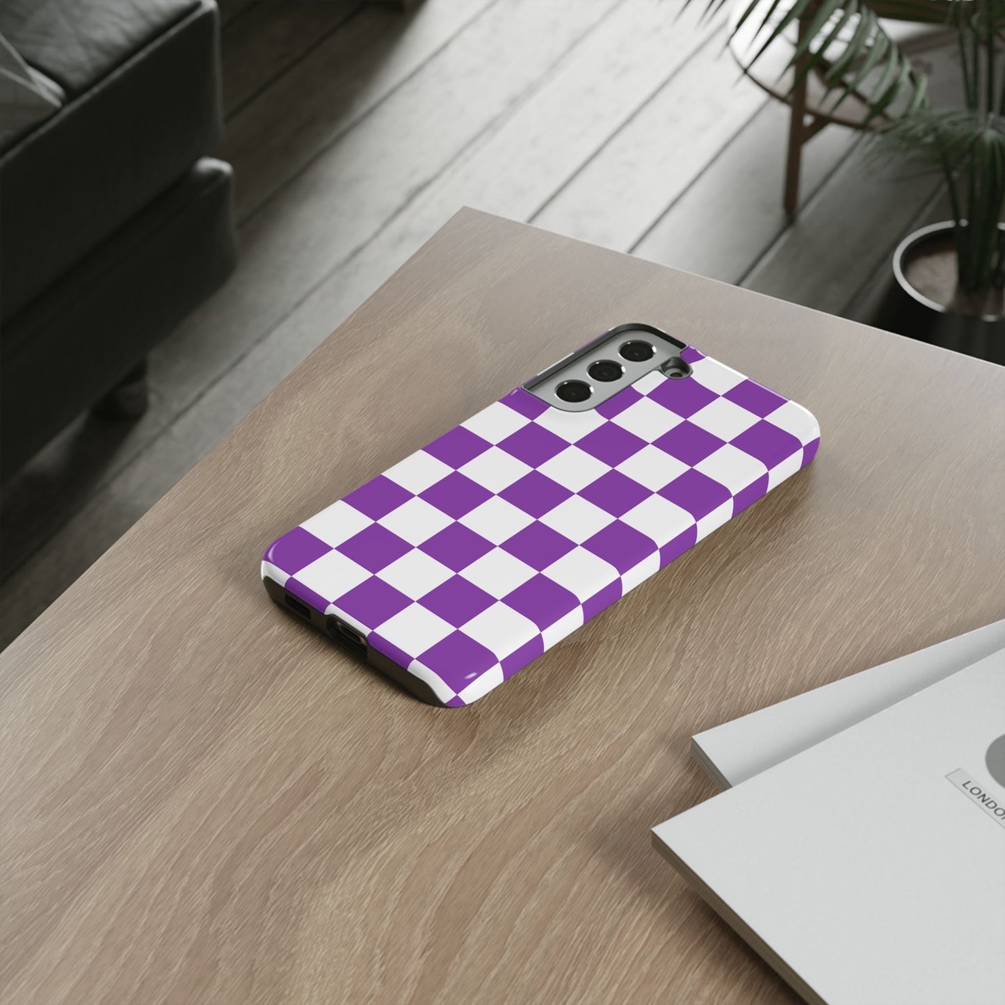 Purple Checkered Phone Case, Samsung Galaxy S25, S25 Plus, S24, S24 Plus, S24 Ultra, S23, S22, S22 Plus, S21 Ultra, S21 FE, S20+
