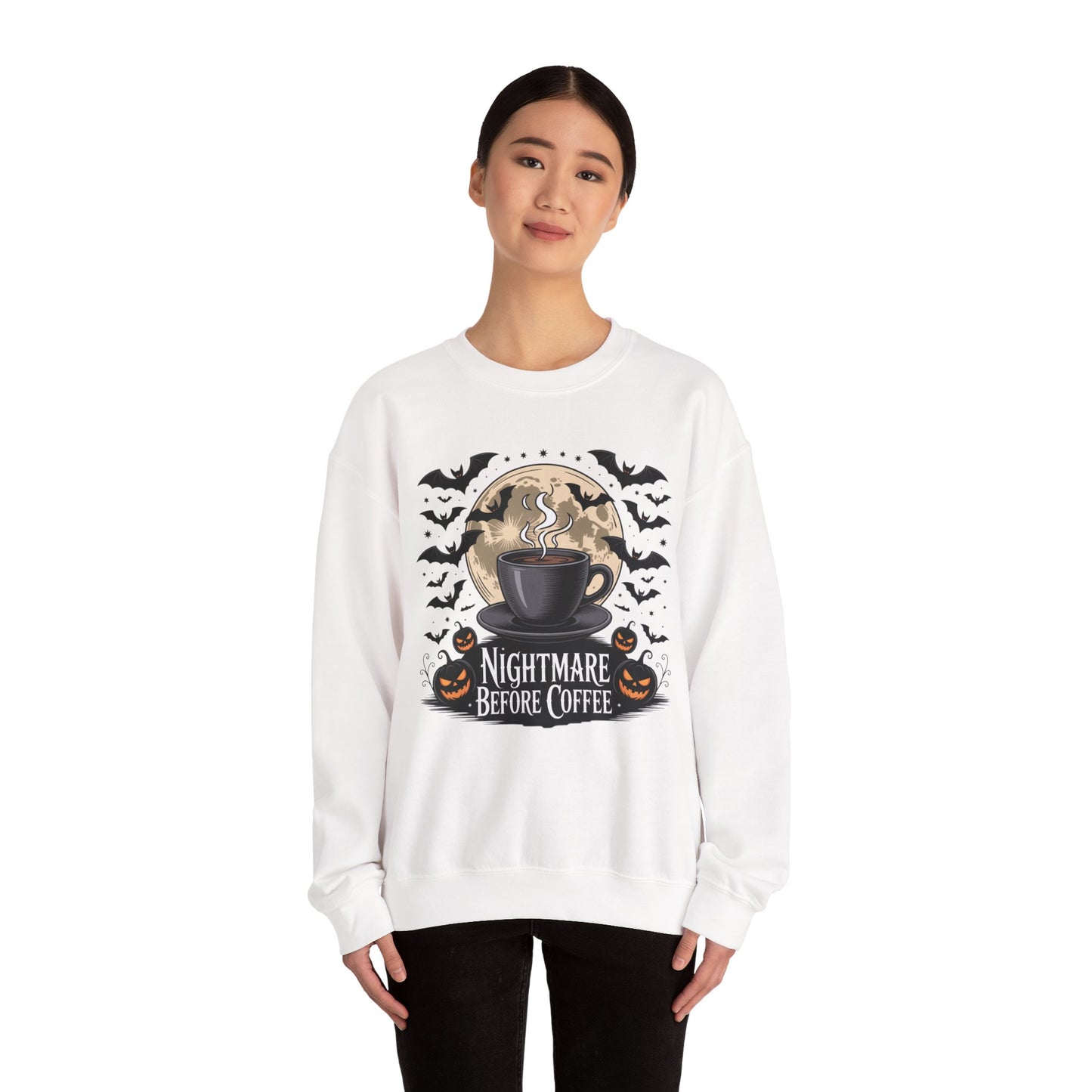 Spooky Coffee Lover's Crewneck Sweatshirt, Cozy Halloween Apparel Unisex Sweatshirt Nightmare Before Coffee Sweatshirt Perfect for Halloween