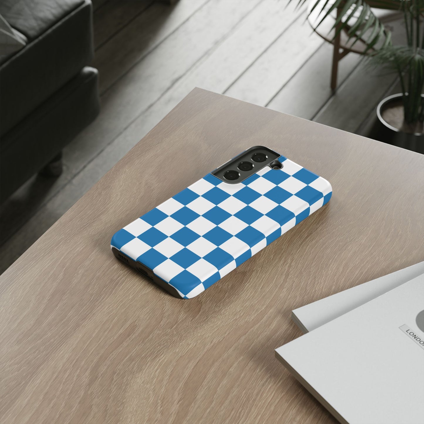 Blue Checkerboard Phone Case, Samsung Galaxy S25, S25 Plus, S24, S24 Plus, S24 Ultra, S23, S22, S22 Plus, S21 Ultra, S21 FE, S20+
