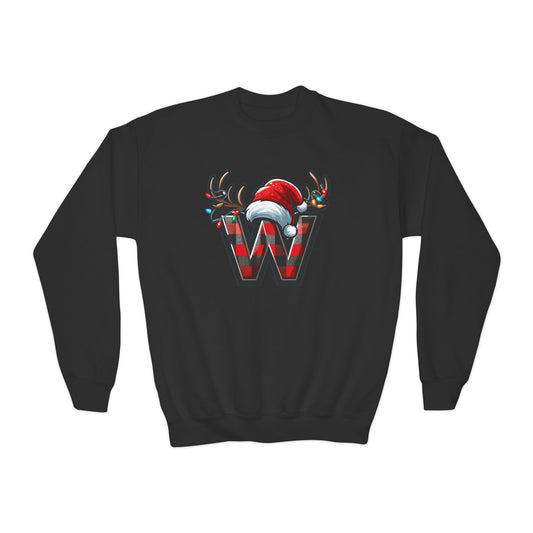 Festive Youth Crewneck Sweatshirt with Christmas Reindeer and Santa Hat, Holiday Gift for Kids, Winter Wear, Cozy Sweater, Christmas Apparel