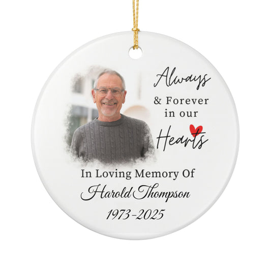 Memorial Ceramic Ornament, Personalized Remembrance Decoration, Always in our Hearts, Keepsake Gift, Dad Remembrance Ceramic Ornament