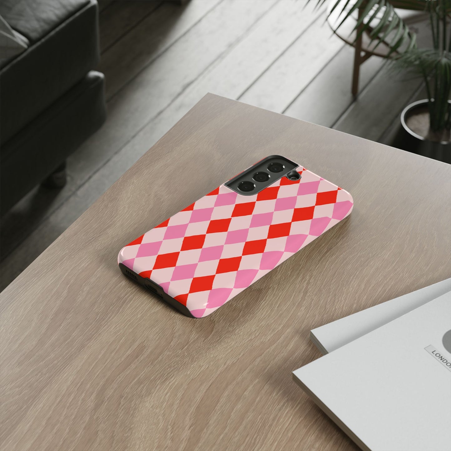 Tough Cases with Red Pink Diamonds, Retro Checkerboard iPhone Case And Samsung Case, Slim Fit Phone Case, Stylish Gift