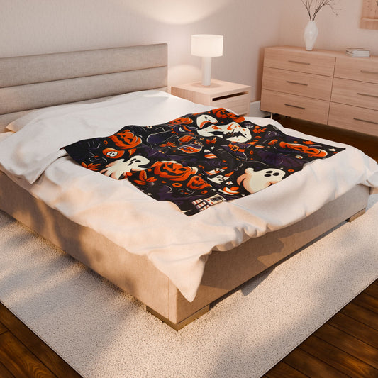 Halloween Blanket, Spooky Velveteen Throw, Autumn Plush Blanket, Cozy Home Decor, Warm Gift for Her, Halloween Bedding, Halloween Gift for