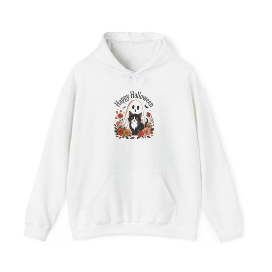 Happy Halloween Cat Hoodie, Cozy Sweatshirt hoodie for Fall Celebrations, Halloween Costume, Gift for Cat Lovers, Autumn Layering