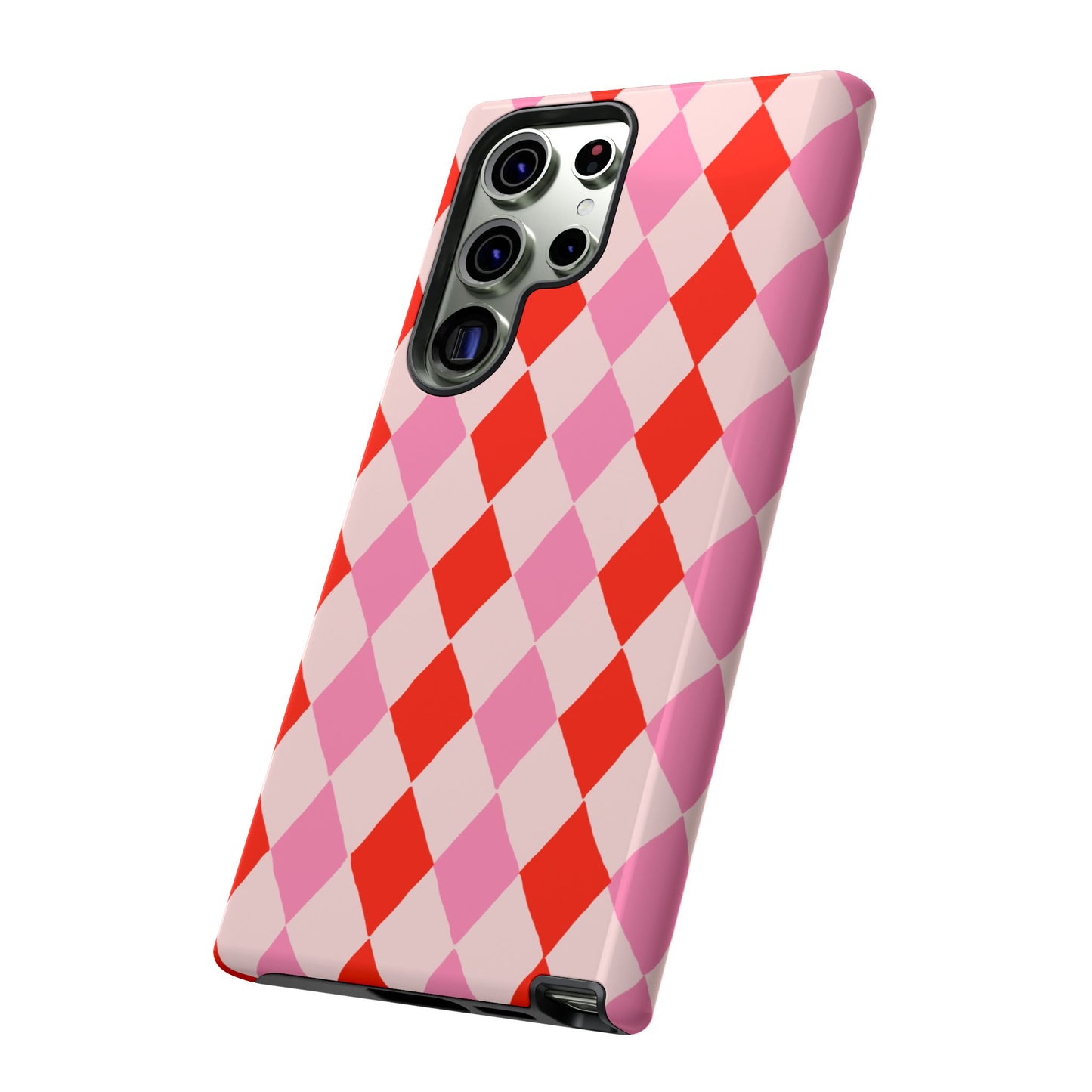 Tough Cases with Red Pink Diamonds, Retro Checkerboard iPhone Case And Samsung Case, Slim Fit Phone Case, Stylish Gift