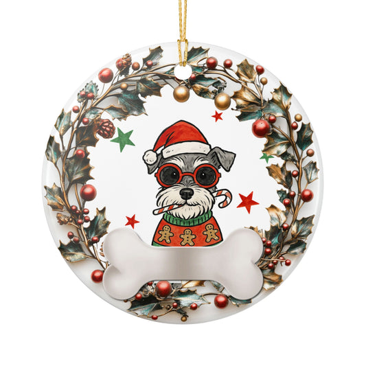Christmas Dog Wreath Ornament, Cute Dog Ceramic Christmas Decoration, Pet Lover Holiday Ornament, Santa Hat Pup Tree Decor
