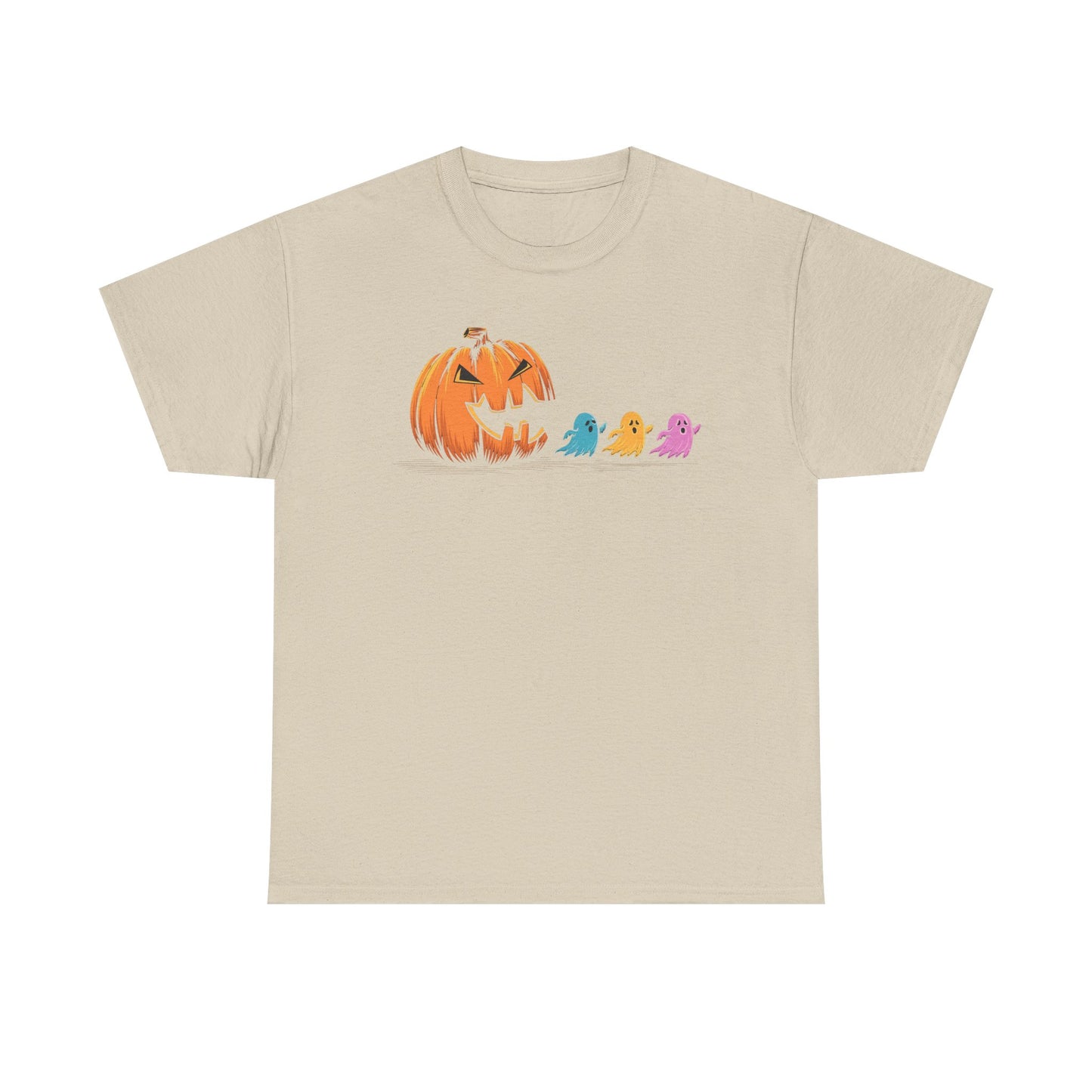Halloween Pumpkin & Ghosts Unisex Heavy Cotton Tee, Cute Fall Shirt, Spooky Spirit Wear, Halloween Costume Top, Autumn Vibes Tee
