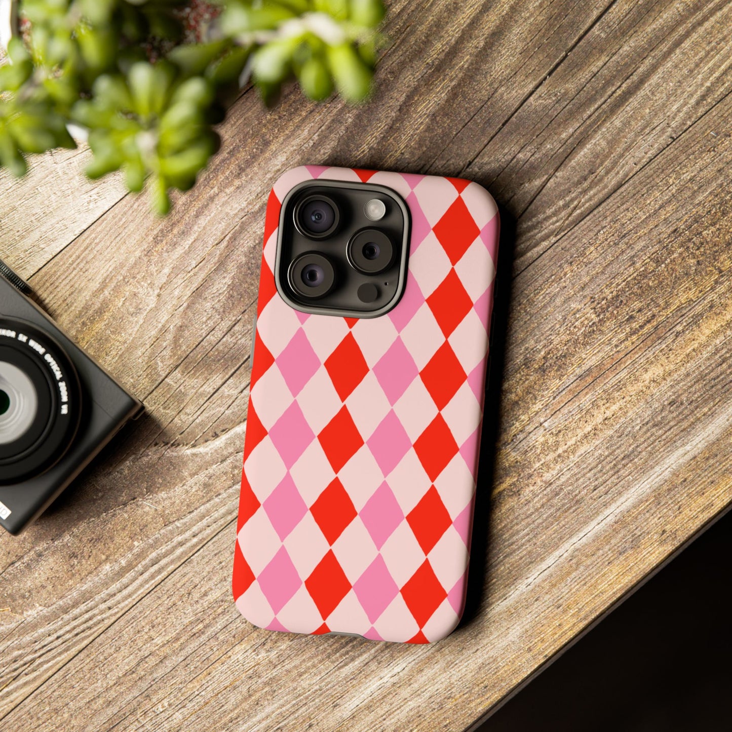 Tough Cases with Red Pink Diamonds, Retro Checkerboard iPhone Case And Samsung Case, Slim Fit Phone Case, Stylish Gift