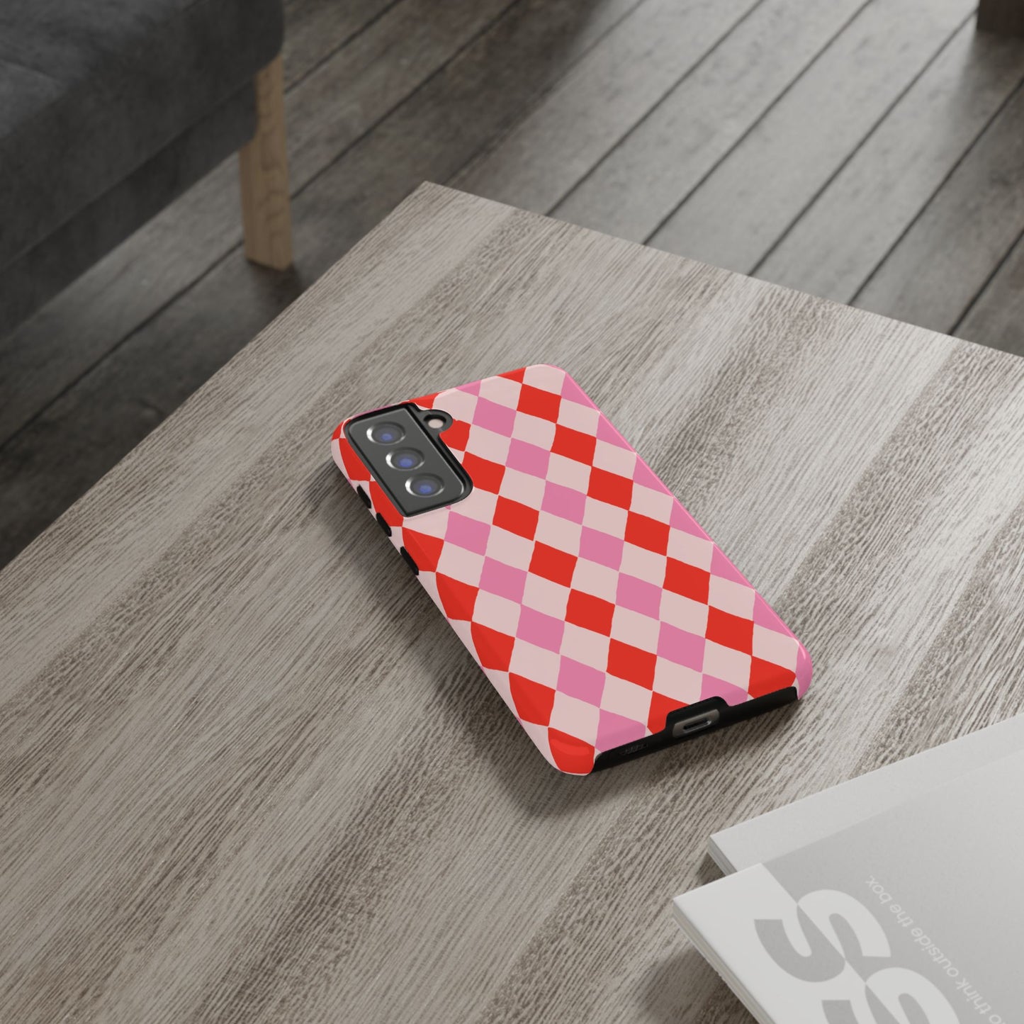 Tough Cases with Red Pink Diamonds, Retro Checkerboard iPhone Case And Samsung Case, Slim Fit Phone Case, Stylish Gift