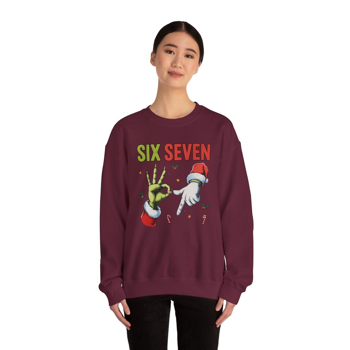 Funny Six Seven Christmas Sweatshirt | Santa Hands Holiday Crewneck | Cozy Pink Christmas Sweater for Men Women | Festive Holiday Gift