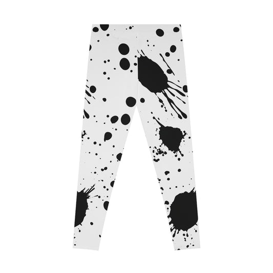 Artistic Black Splash Stretchy Leggings, Stylish Yoga Pants, Comfortable Activewear, Trendy Fitness Apparel