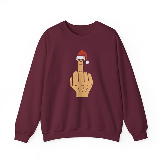 Middle Finger with Santa Hat Crewneck | Naughty Christmas Sweatshirt | Funny Holiday T-Shirt for Adults | Sarcastic Santa Gift