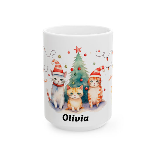 Personalized Christmas Cat Ceramic Mug, Custom Pet Lover Gift, Holiday Coffee Cup, Cute Feline Decor, Family Gift, Winter Celebration
