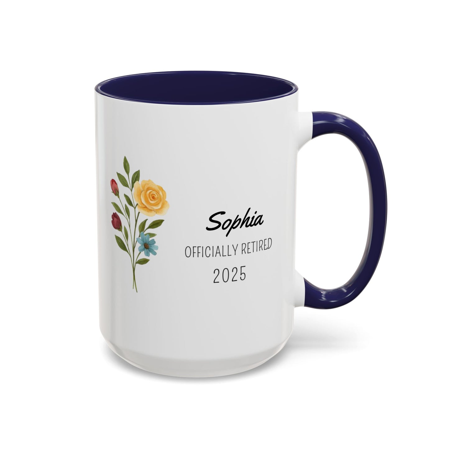 Personalized Retirement Coffee Mug, Floral Design, Gift for Retirees, Custom Name Mug, Celebration Drinkware, Retirement Day Gift
