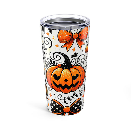 Halloween Themed Tumbler, Fun Fall Drinkware, Pumpkin and Bow Design, Perfect for Parties and Gifting, Seasonal Decor