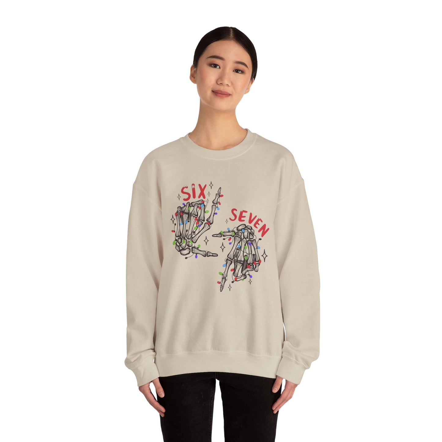 Six Seven Skeleton Hands Sweatshirt Funny Halloween Christmas Crewneck for Men & Women  Cozy Skeleton Hand Lights Pullover, Gift for Friends