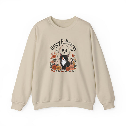 Happy Halloween Cat Crewneck Sweatshirt, Cozy Fall Sweatshirt, Halloween Gift, Fall Fashion, Gift for Her, Spooky Season Apparel