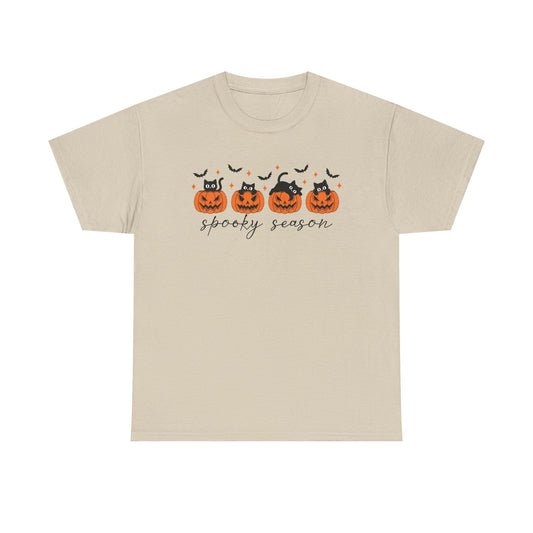 Spooky Season Unisex Heavy Cotton Tee, Halloween Shirt, Fall Apparel, Pumpkin T-Shirt, Cat Lover Gift, Pumpkin Tee
