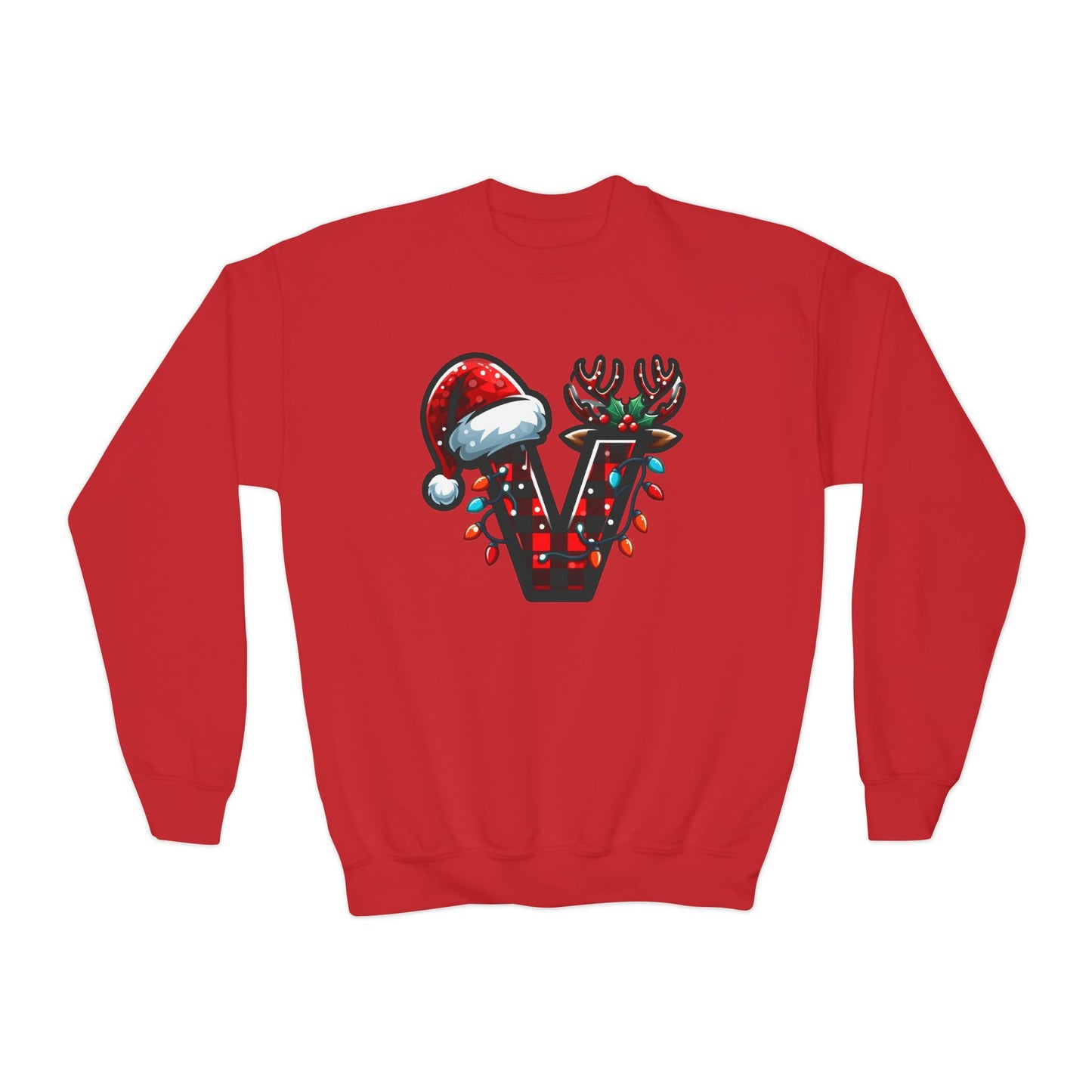 Festive Youth Crewneck Sweatshirt with Christmas Reindeer and Santa Hat, Holiday Gift for Kids, Winter Wear, Cozy Sweater, Christmas Apparel
