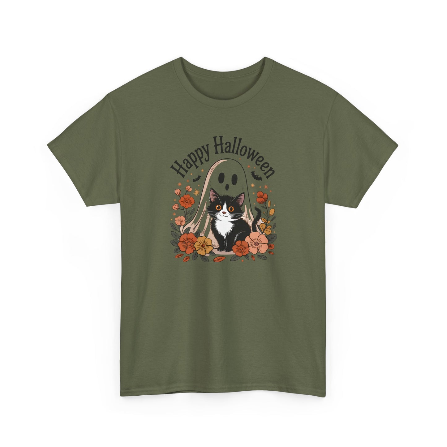 Halloween Cat & Ghost Tee, Heavy Cotton Shirt, Spooky Season Apparel, Autumn Gift, Fall Festival Outfit, Haunted House Wear