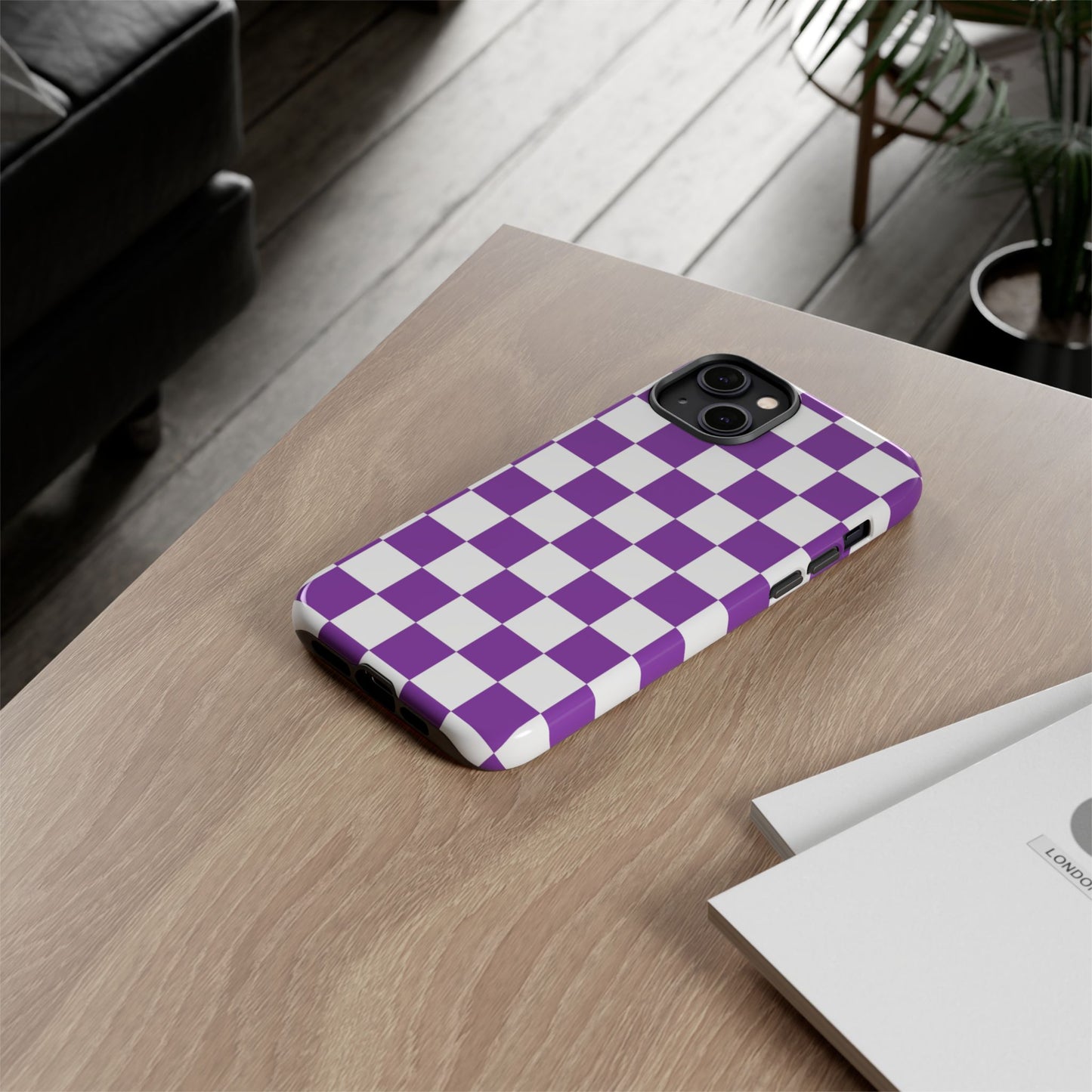 Purple Checkered Phone Case,  iPhone 17 Pro, 17, 16, 15, 14, 13, 12, 11, X, XR, XS MAX, Trendy Gift for Friends, Accessory for Occasions