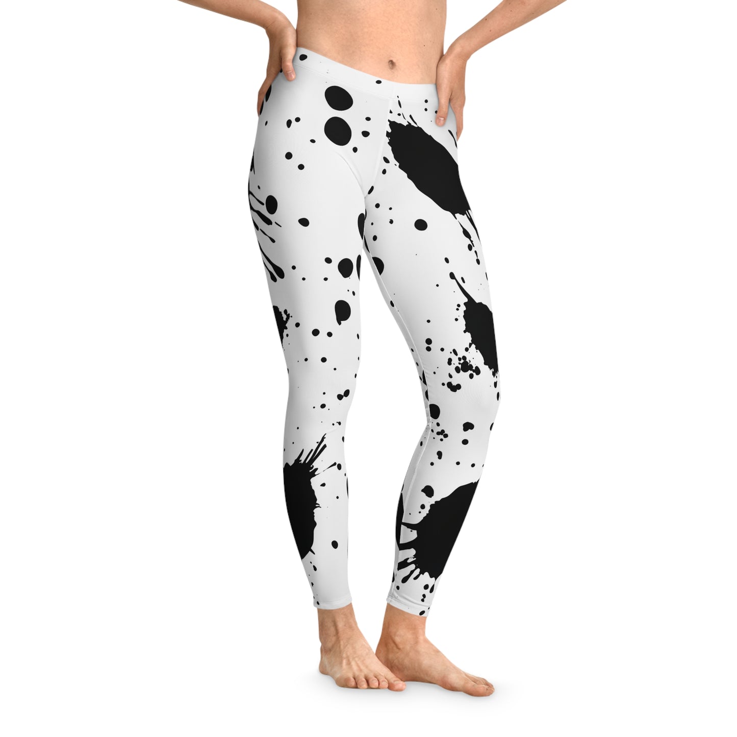 Artistic Black Splash Stretchy Leggings, Stylish Yoga Pants, Comfortable Activewear, Trendy Fitness Apparel