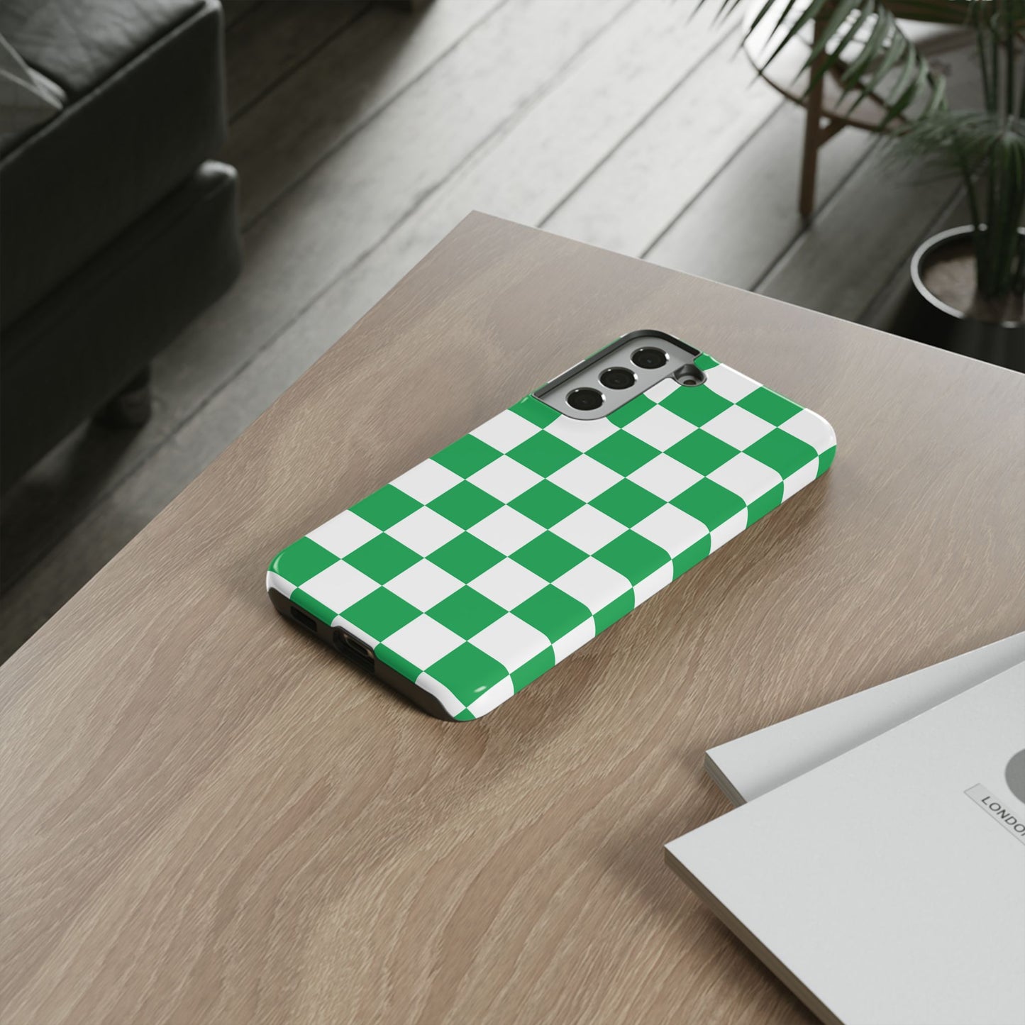 Green Checkered Phone Case, Phone Cases Samsung Galaxy S25, S25 Plus, S24, S24 Plus, S24 Ultra, S23, S22, S22 Plus, S21 Ultra, S21 FE, S20+