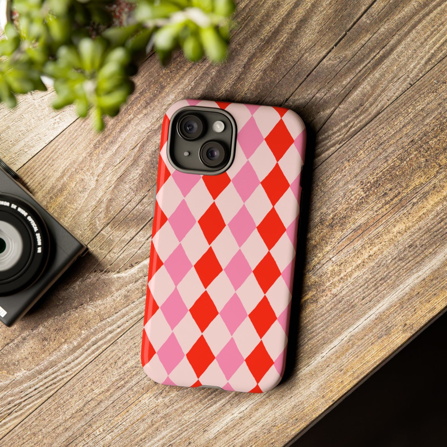 Tough Cases with Red Pink Diamonds, Retro Checkerboard iPhone Case And Samsung Case, Slim Fit Phone Case, Stylish Gift
