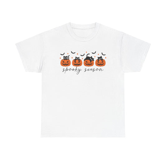 Spooky Season Unisex Heavy Cotton Tee, Halloween Shirt, Fall Apparel, Pumpkin T-Shirt, Cat Lover Gift, Pumpkin Tee
