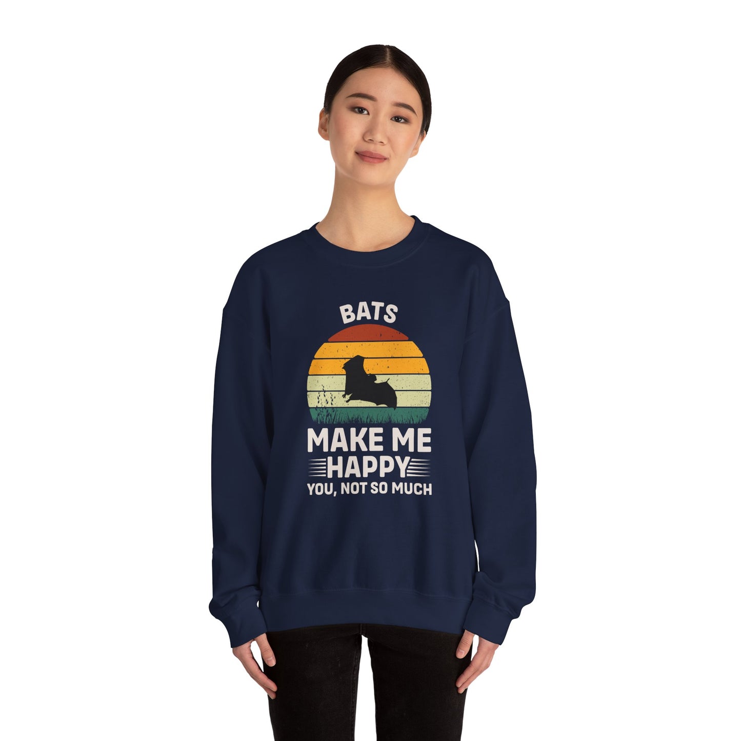 Bats Make Me Happy Sweatshirt, Cozy Graphic Pullover, Gift for Bat Lovers, Unisex Crewneck, Fun Animal Apparel, Halloween Sweatshirt