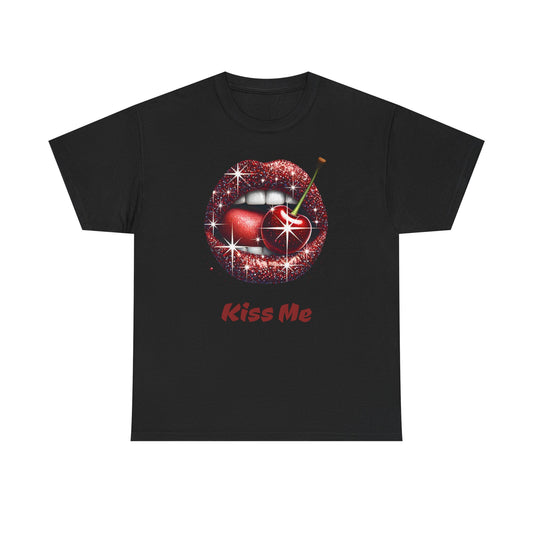 Glitter Lips Cherry Kiss Me Tee, Retro Pinup Graphic Shirt, Flirty Pop Art T-Shirt, Vintage Style Cotton Tee