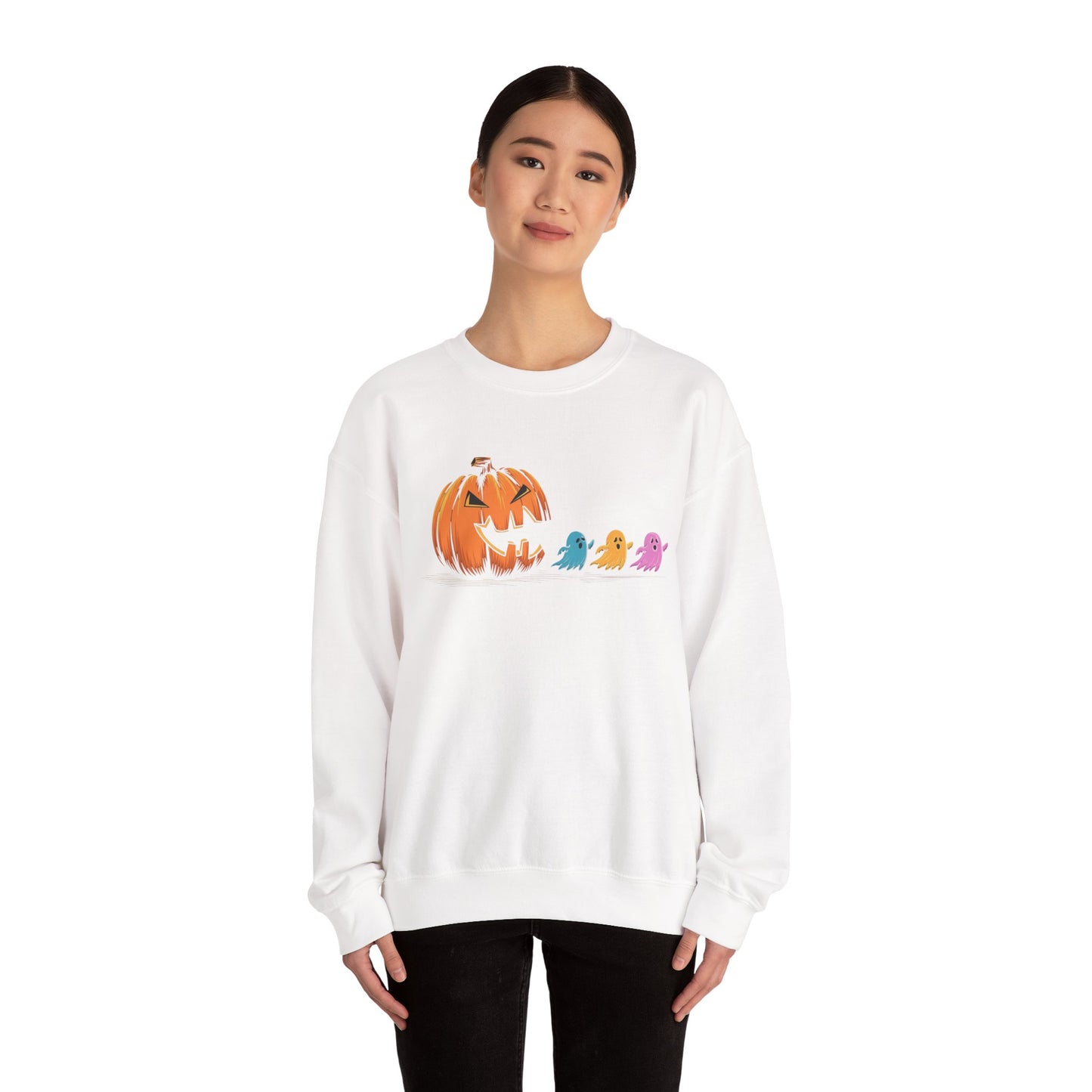 Halloween Ghost & Pumpkin Crewneck Sweatshirt, Unisex Fall Apparel, Cozy Sweatshirt, Halloween Gift, Seasonal Fashion