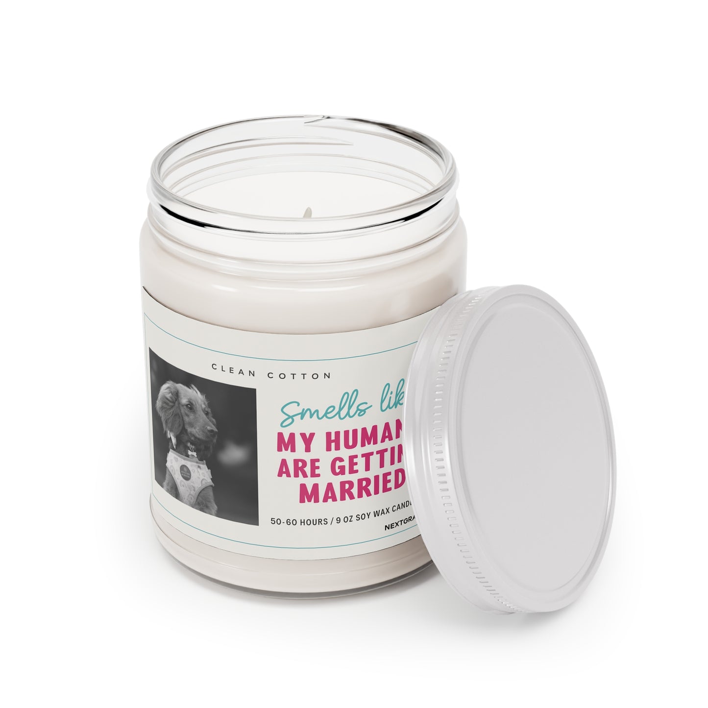 Soy Candle, Wedding Celebration Scented Candle with Clean Cotton Fragrance, Dog Lover Gift, Home Decor, Engagement Party Favor, White Lid