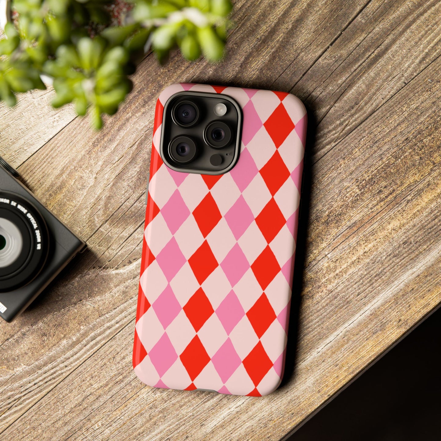 Tough Cases with Red Pink Diamonds, Retro Checkerboard iPhone Case And Samsung Case, Slim Fit Phone Case, Stylish Gift