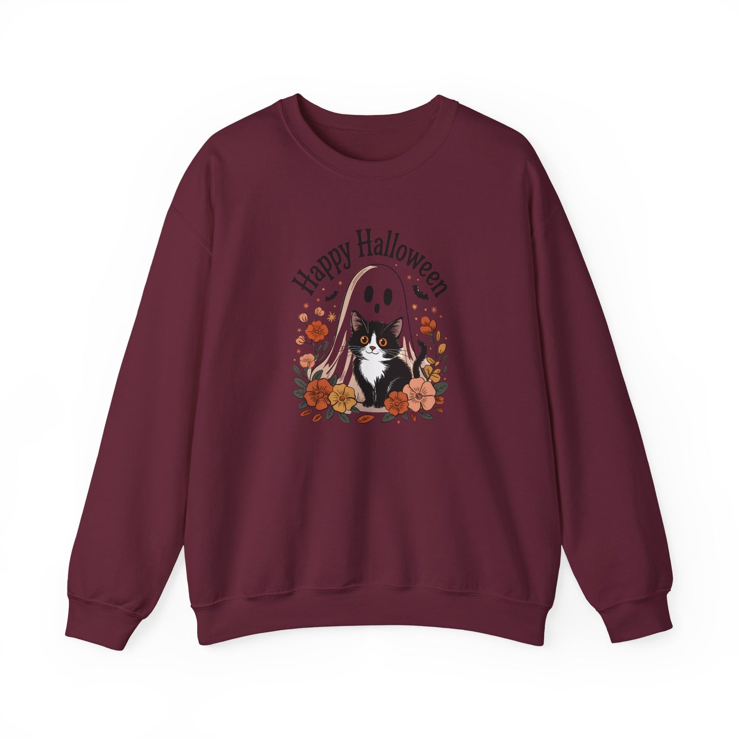 Happy Halloween Cat Crewneck Sweatshirt, Cozy Fall Sweatshirt, Halloween Gift, Fall Fashion, Gift for Her, Spooky Season Apparel