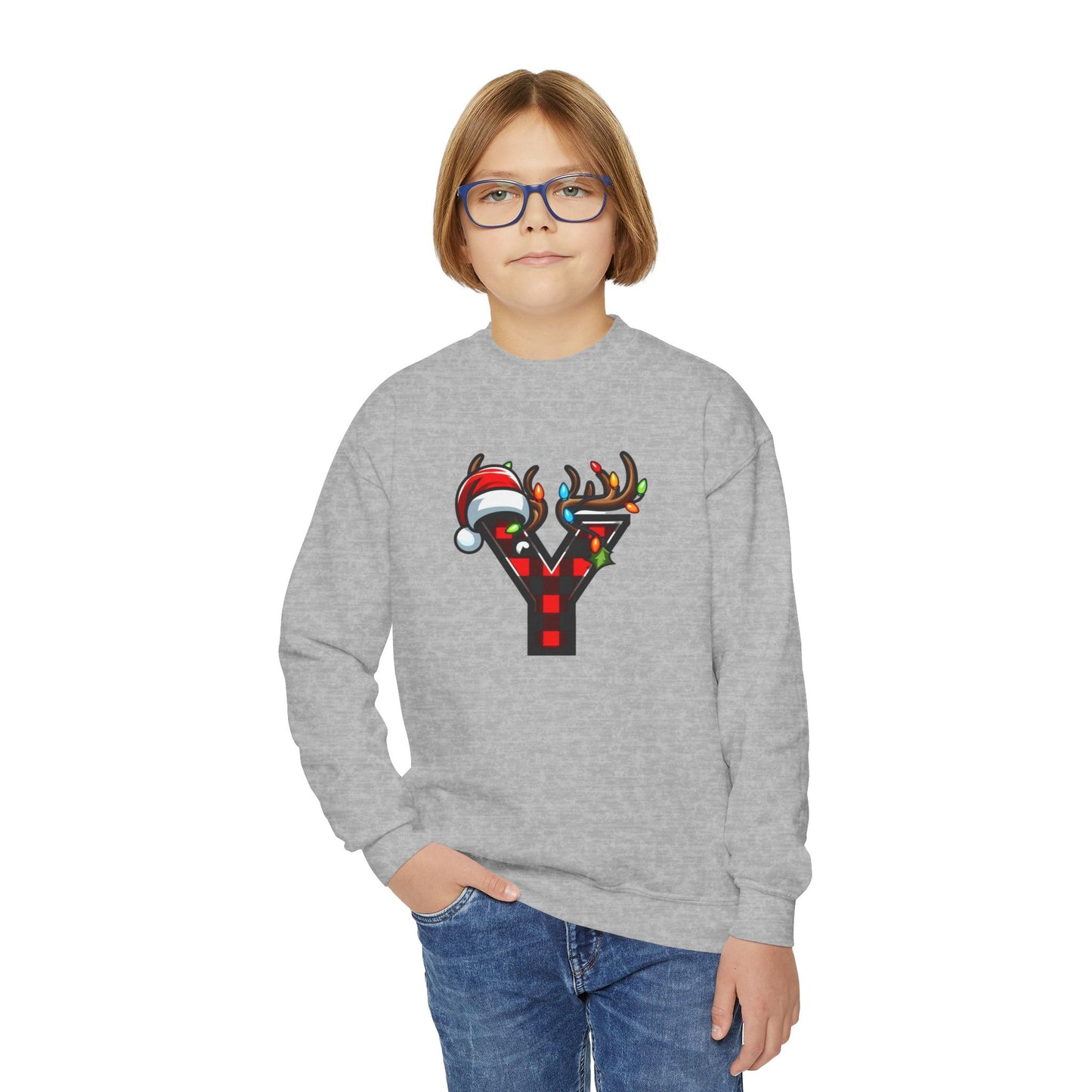 Festive Youth Crewneck Sweatshirt with Christmas Reindeer and Santa Hat, Holiday Gift for Kids, Winter Wear, Cozy Sweater, Christmas Apparel