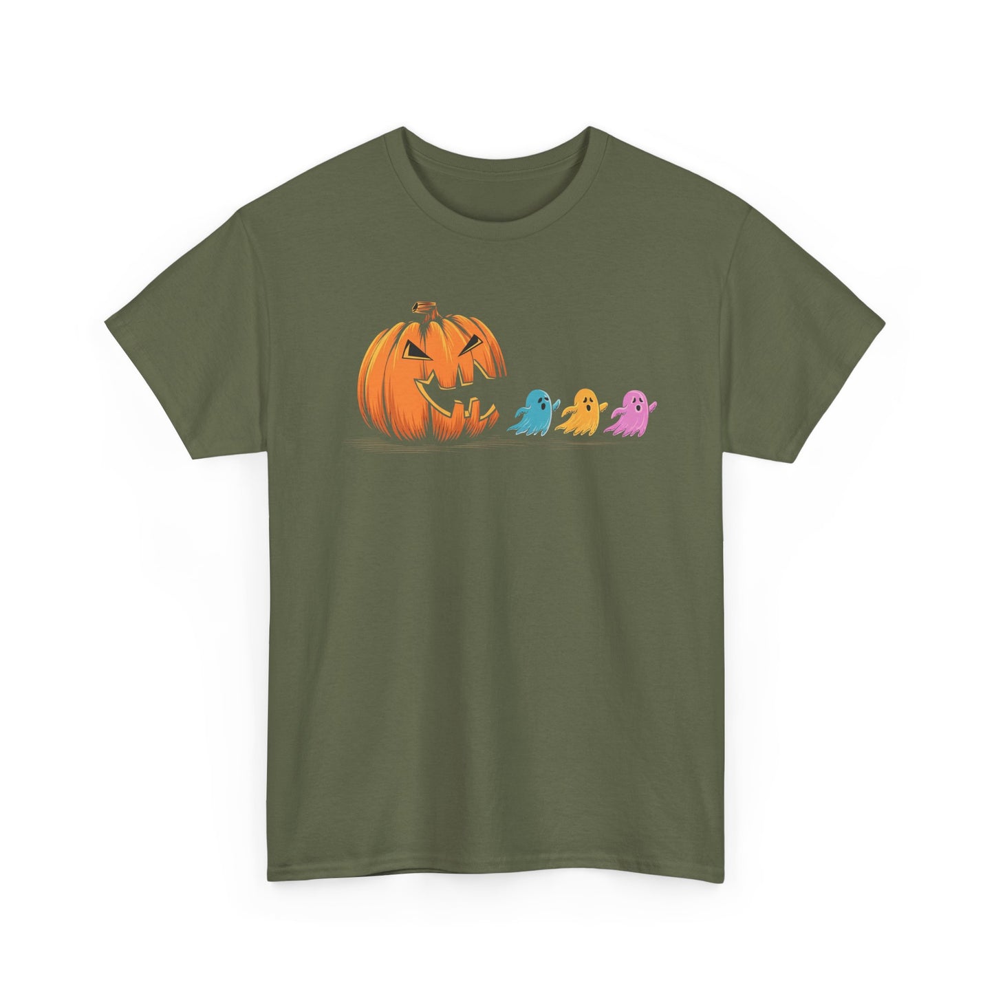 Halloween Pumpkin & Ghosts Unisex Heavy Cotton Tee, Cute Fall Shirt, Spooky Spirit Wear, Halloween Costume Top, Autumn Vibes Tee