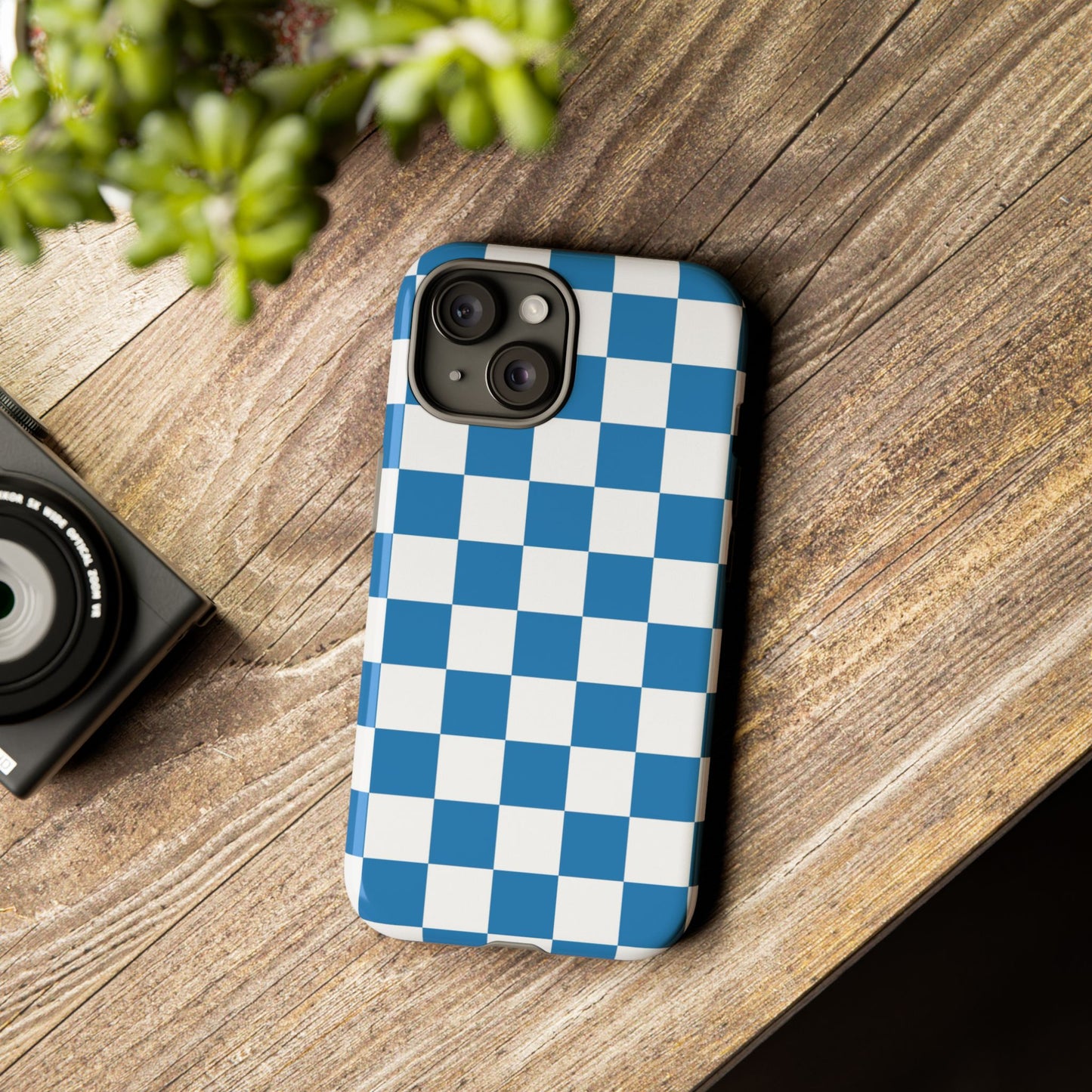 Checkered Phone Case, iPhone 17 Pro, 17, 16, 15, 14, 13, 12, 11, X, XR, XS MAX, Smartphone Cover, Blue and White Mobile Protector