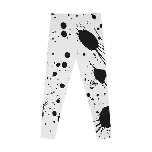 Artistic Black Splash Stretchy Leggings, Stylish Yoga Pants, Comfortable Activewear, Trendy Fitness Apparel