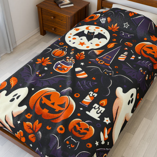 Halloween Blanket, Spooky Velveteen Throw, Autumn Plush Blanket, Cozy Home Decor, Warm Gift for Her, Halloween Bedding, Halloween Gift for