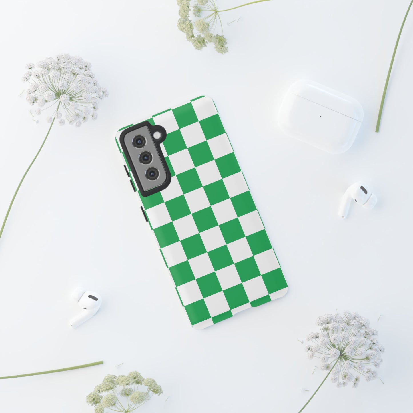 Green Checkered Phone Case, Phone Cases Samsung Galaxy S25, S25 Plus, S24, S24 Plus, S24 Ultra, S23, S22, S22 Plus, S21 Ultra, S21 FE, S20+