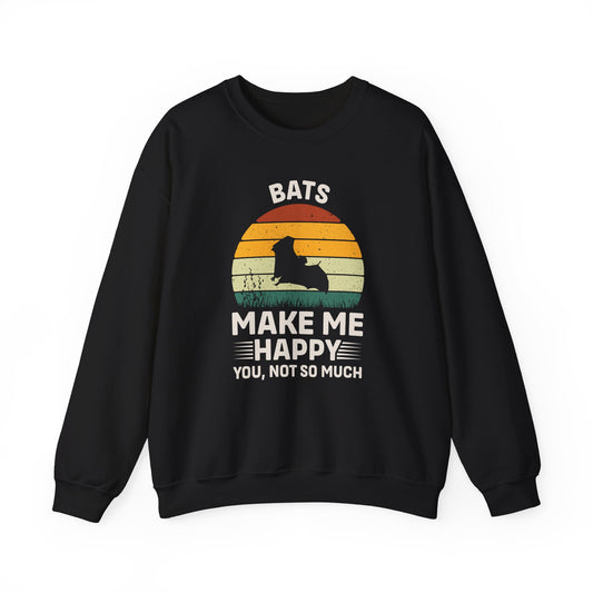 Bats Make Me Happy Sweatshirt, Cozy Graphic Pullover, Gift for Bat Lovers, Unisex Crewneck, Fun Animal Apparel, Halloween Sweatshirt