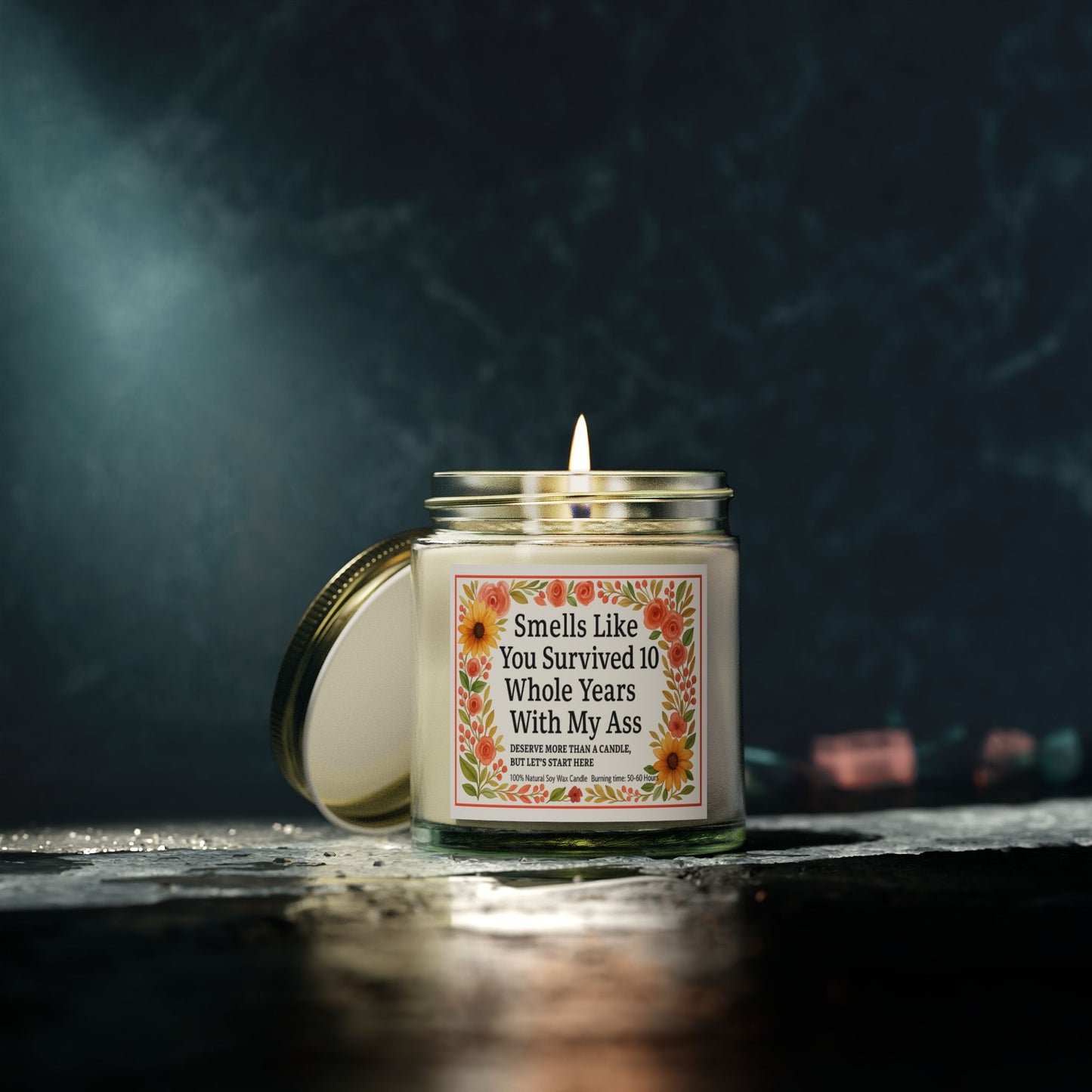 Scented Candles, Funny Gift For Partner, Smells Like You Survived 10 Whole Years, Coconut Apricot Wax Candle, Anniversary Gift, Birthday