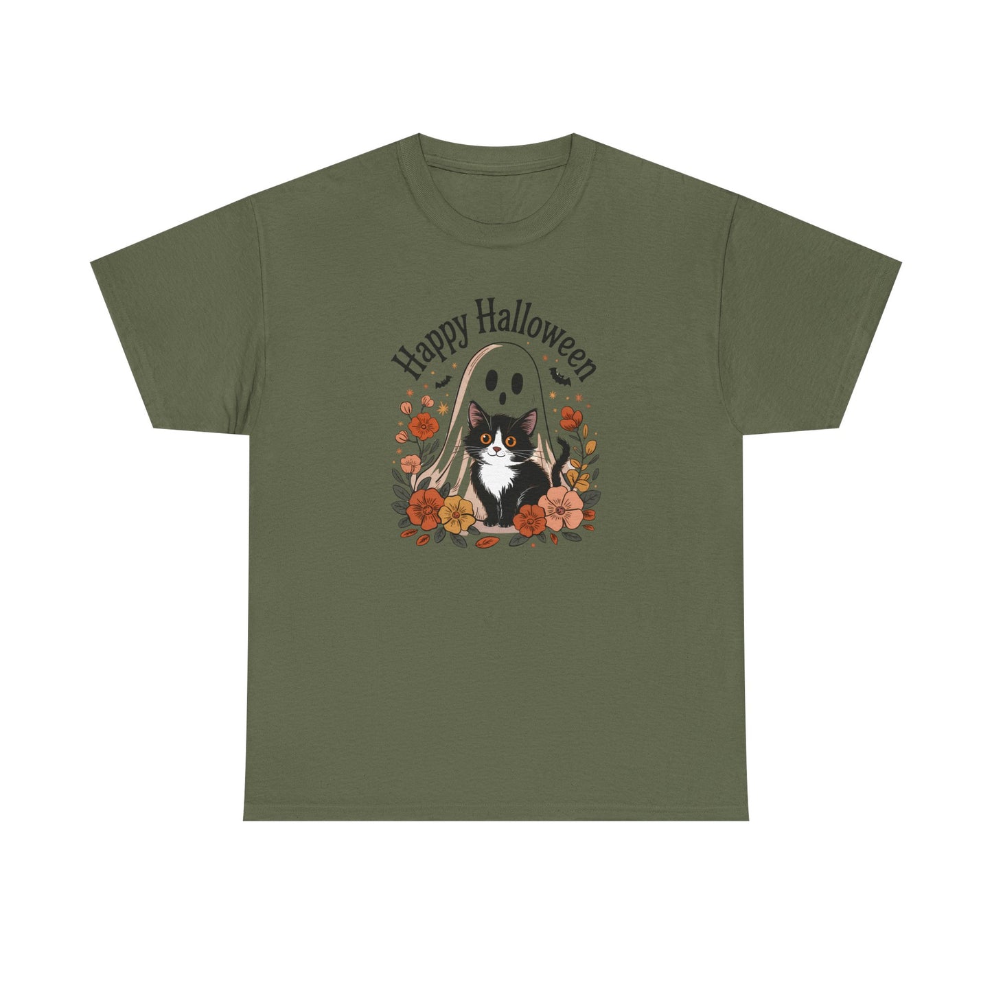 Halloween Cat & Ghost Tee, Heavy Cotton Shirt, Spooky Season Apparel, Autumn Gift, Fall Festival Outfit, Haunted House Wear